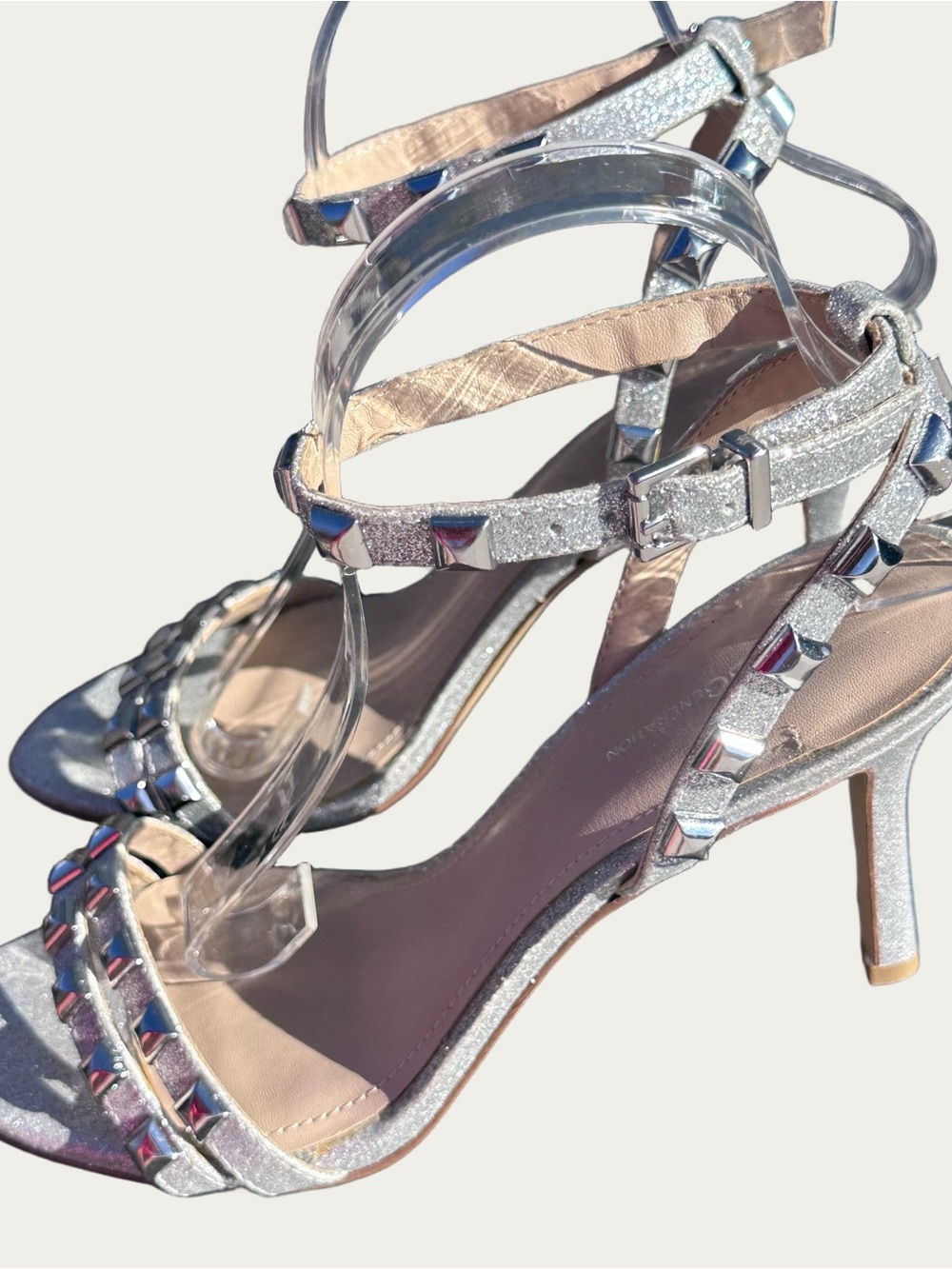 BCBGeneration Dacotah-X Glitter Silver Leather Studded Ankle Strap Heels Size 10